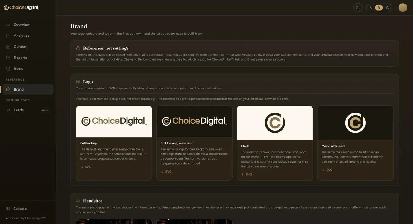 The ChoiceDigital Admin Portal, Brand view — the logo lockups, mark and headshot the site is built from, read live from the site itself.